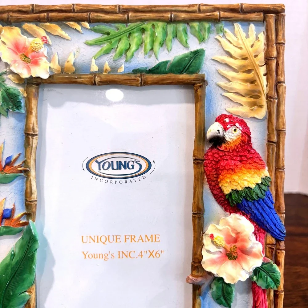 Tropical Parrot Photo Frame 4x6 Macaw Hibiscus Faux Bamboo Coastal Island Décor